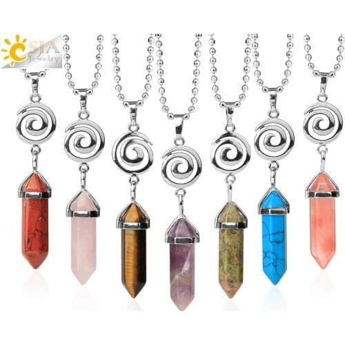 CSJA Healing Natural Stone Necklace Pendant Hexagonal Spril Pendants Gem Labradorite Hematite Tiger Eye Crystal Necklaces G737