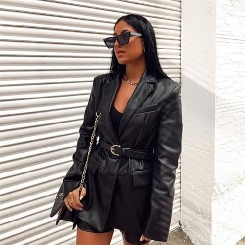 Black High Street Leather Jacket Women Fall Winter Vintage Long Sleeve V-neck Blazer Coat Ladies Casual Slim Outwear Clothing
