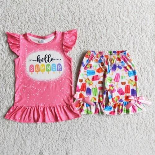 Baby Girls Summer Kids Clothing Hello Summer Pink Top Popsicles Pattern Shorts Set Boutique Children Clothes