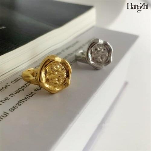 European and American Retro French Irregular Bump Texture Abstract Pattern Fire Lacquer Seal Yellow Open Ring for Women Girls