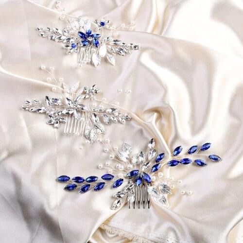 Silver/Blue Color Leaf Hair Combs Accessories Handmade Women Bridal Hair Ornament Pearl Wedding Head Decoration Elegant Tiara