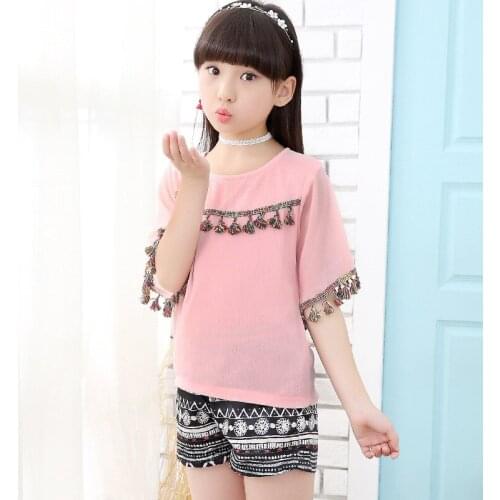 Hot Girls Sets Summer Suit Ethnic Style Short Sleeve T Shirt +pant Two-piece Sets 3-12 Ages Pink and White Color