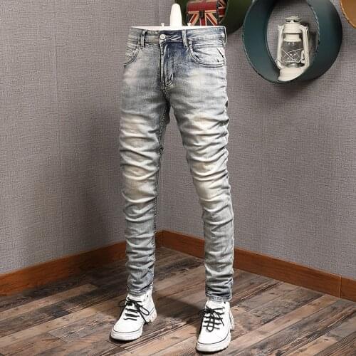Italian Style Fashion Men Jeans High Quality Elastic Cotton Slim Fit Ripped Jeans Men Retro Vintage Designer Denim Pencil Pants