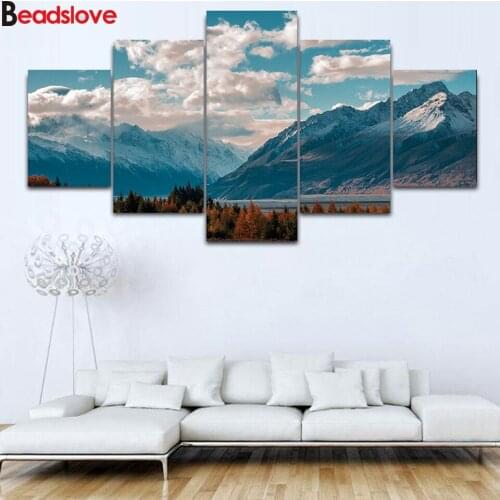 5 Pieces Canvas Paintings Modular Wall Picture Modern Poster full square drill 5d painting embroidery blue sky Landscape art