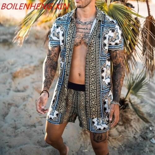 Men Beach Printing 2021 Summer Lapel With Short Sleeves Button Shirt Beach Shorts Streetwear Casual Mens Suit 2 Pieces