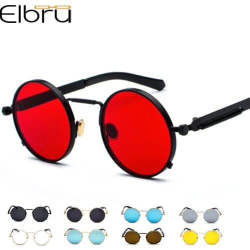 Elbru Retro Vintage Sunglasses Men Clear Red Lens Steampunk Style Round Sun Glasses Women Gold Silver Metal Frame oculos UV400
