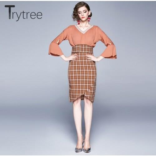 Trytree Autumn Winter Women Dress Casual Dress V-neck Flare Sleeve Patchwork Plaid Fashion Elegant Slim fit Knee-Length Dress