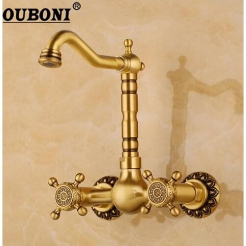 OUBONI 360 Rotated Bathroom Basin Sink Mix Tap Dual Handles Bathtub Wall Mounted Bathroom Basin Sink Mixer Faucet