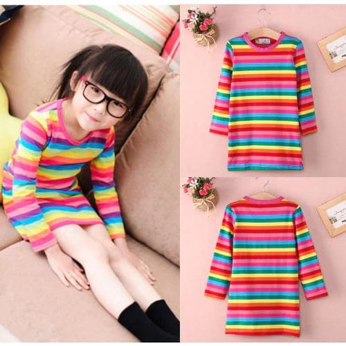 Pudcoco Girl Dress 2Y-7Y AU Sale Kids Baby Girls Rainbow Striped Dress Casual Long Sleeve Clothes