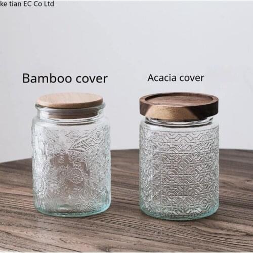 Retro carved embossed glass sealed jar with bamboo wood cover kitchen storage jar household 700ml storage bottle seasoning jar