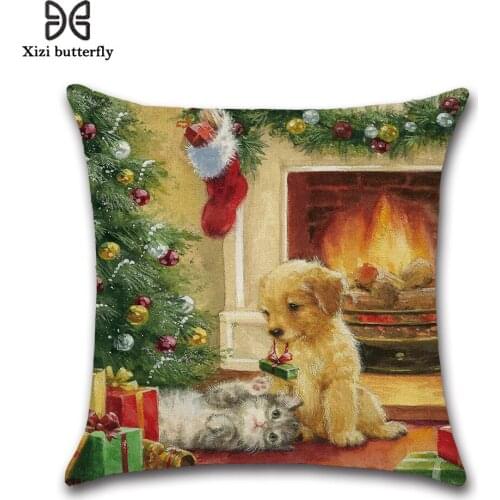 Christmas 45*45cm Linen Pillowcase Cartoons Sofa Cushion Cover Home Decoration Santa Claus Pillow Case Cute Dog Pillow Cover