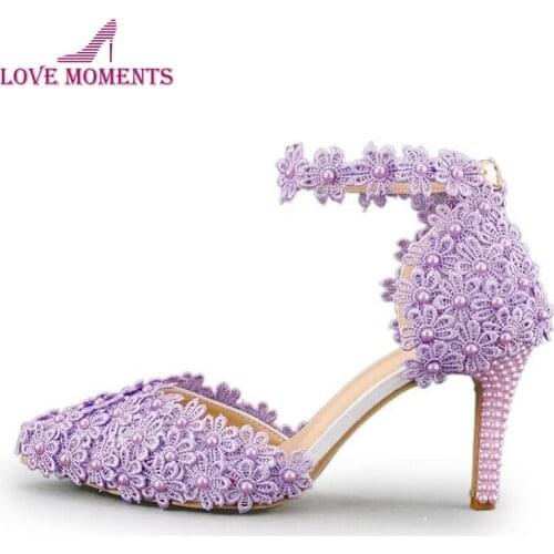 Ankle Strap Summer Sandals Handmade Lace Flower Women Middle Heels Bridal Wedding Shoes Adult Ceremony Pumps Purple Yellow