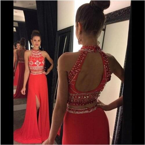 Sexy Two Pieces vestido de noiva Beads Crystal Off the Shoulder Backless Side Slit brides party prom gown bridesmaid dresses