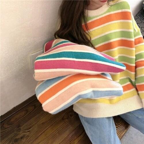 Rainbow Striped Sweater Cozy Knit Long Sleeve Mock Neck Oversize Pullover Cardigan Women Soft-Girl Cute Casual Street Style