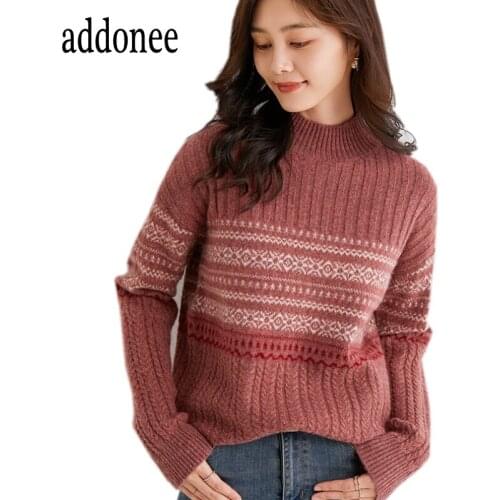 2020 Latest High Quality Women Female 100% Cashmere Wool Turtleneck Vintage Pattern Sweater Pullover Soft Casual Thick Loose