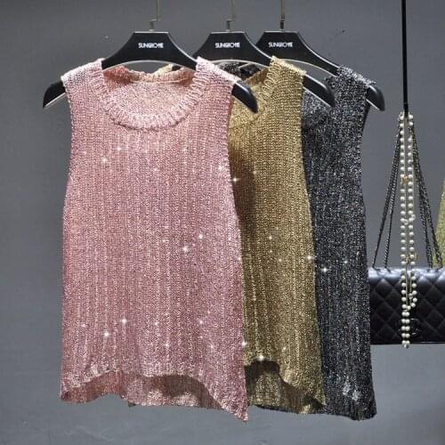 2020 Summer Sexy O neck shiny gold tank tops women silver sequined knitted tank tops women loose bling bling sequines vest tops