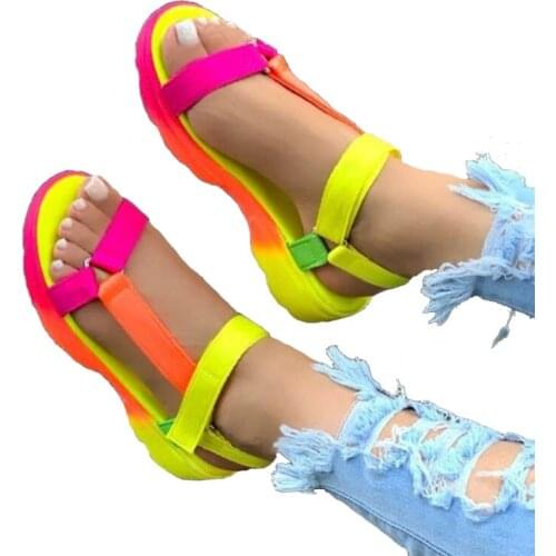 Oversized Women Shoes 2020 Summer New Non-Slip Sandals Women Rainbow Color Explosion Models Velcro Flat Wear Women Sandals