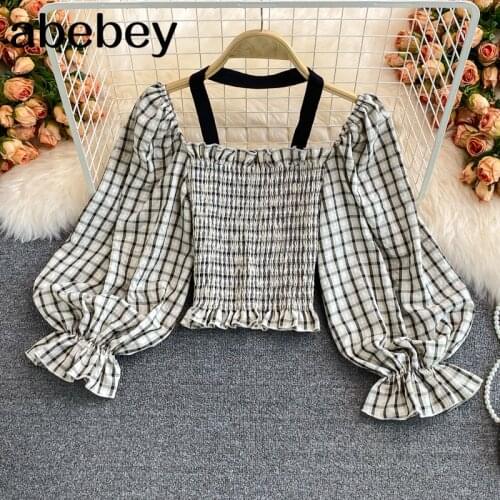 2021 New Spring Autumn French square collar Lantern Sleeve Shirt high waist pleated waist Ruffles short halter Shirt Top