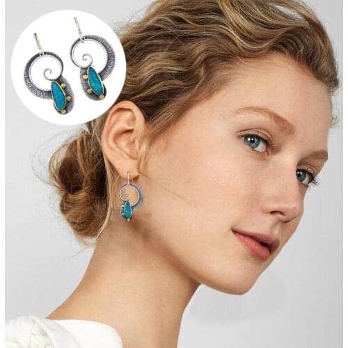 2019 New Vintage Blue Stones Pendant Earrings Women Handmade Earring Shape Pendientes Boho Drop Gifts Metal Swirl Ethnic Je A0E0