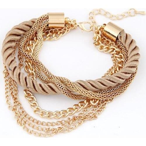 Free Shipping Bohemian Temperament Woven Gold Color Chain Braided Rope Multilayer Bracelet Women Jewelry Accessories