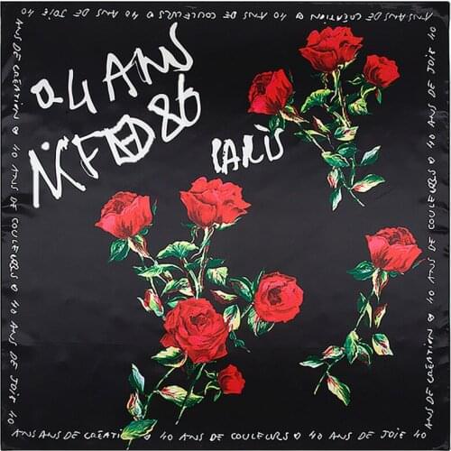 Women Fashion Black Letter Rose Flower Square Silk Winter Scarf Spring Headband Shawl&Wrap Women Foulard Bandana 90*90cm M243