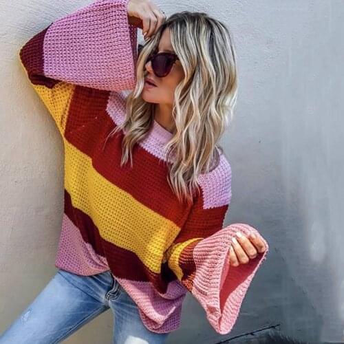 2018 Autumn Winter Flare Sleeve O-neck Patchwork Crochet Knitted Tops Women Sweater Loose Pullover Jumper