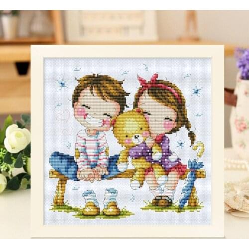 Gold Collection Lovely Counted Cross Stitch Kit The Flower Rain of Love Boy Girl and Bear SO