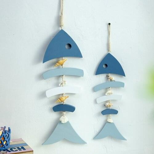 2pcs Mediterranean wooden blue and white fish string pendant, marine style home decoration, blue and white fish wall decoration