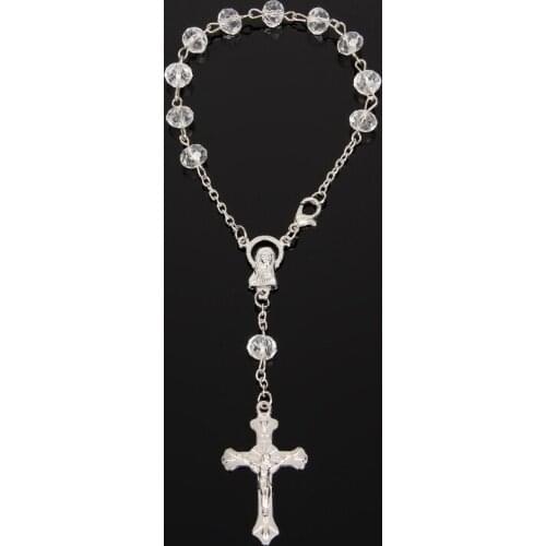 Santiago Religious Jewelry 6 mm crystal Pearl Vintage Cross Rosary Bracelet With a plastic box Strand Bracelet For Men Women