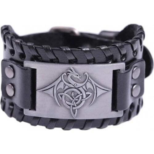 Viking Dragon Amulet Metal Crafts Vintage Bracelets Bangles Men Wristbands Nordic National Totem Genuine Leather Strap