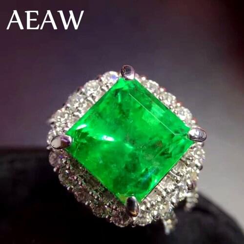 AEAW 4ct AAA Lab Created Colombian Emerald Cushion Emgagement Ring Genuine Solid 14k White Gold with Moissanite for Women