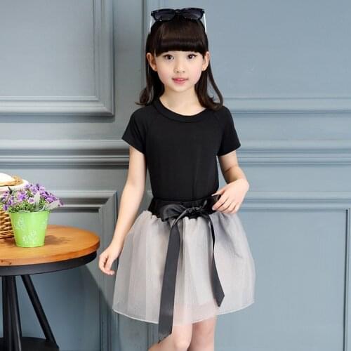 Summer Tracksuit Girls Children Clothing Set black Tees Top and Bow Mesh Skirts Cartoon Kids Clothing Sets for 3-14 Ages