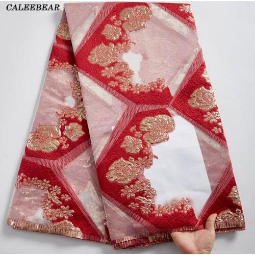 Red French Brocade Lace Fabric Embroidery Gilding Jacquard Tissue African Organza Lace Fabric For Bridal Wedding Dress Sew S2393