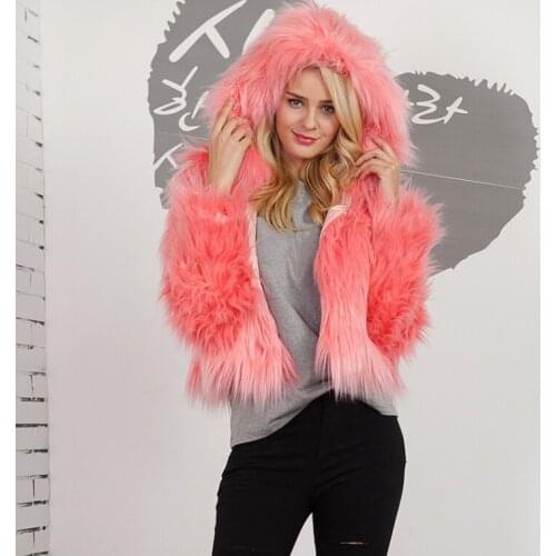 Fashion Women Winter Faux Fur Hooded Coat Long Sleeve Fluffy Short Jacket for Women New Party Streetwear Outerwear Crop Outcoats
