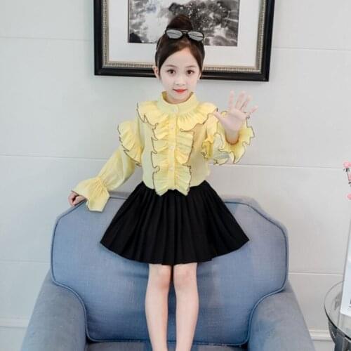 Fashion Princess Clothing Set Girls Ruffle Blouse and Black pleated Skirt Two Piece Girl Set Autumn School Teenage Skirt Sets