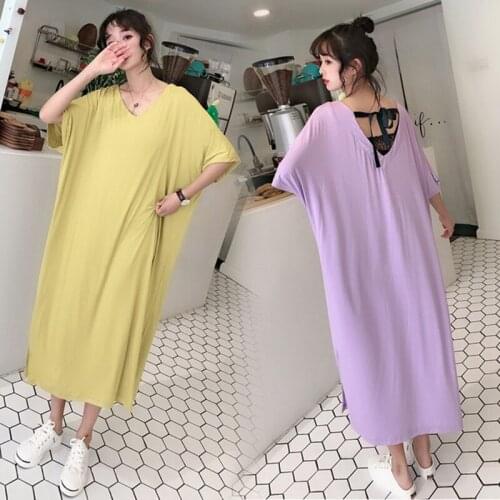Fat mm nightdress female summer cotton v-neck modal Sleepwear dress long casual fashion home service yellow ночная рубашка