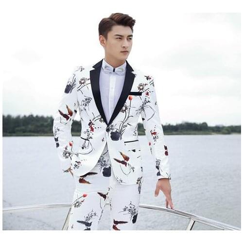 2020 new arrival korean white slim men suit set with pants pisces printing mens suits wedding groom formal dress suit + pant