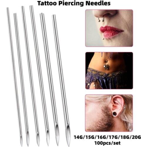 100pcs/set Disposable Piercing Needles Sterile 14G/15G/16G/17G/18G/20G Body Navel Nipple Nose Ear Lip Piercing Tattoo Accessory