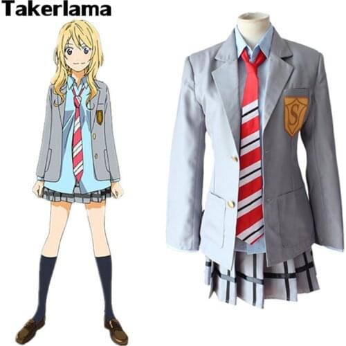 Anime Your Lie in April Miyazono Kaori Skirt School Uniform Halloween Cosplay Costume Full Set ( Jacket + Skirt + Tie )