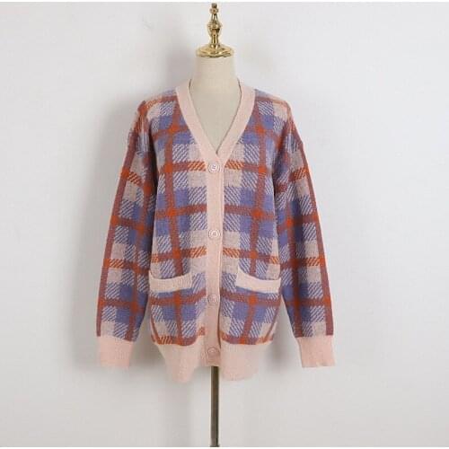 Large Plaid V-Neck Sweater 2021 Autumn Winter New Womens Casual Loose Large Medium and Long Mohair Sweater