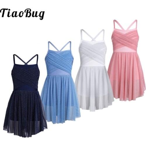 TiaoBug Kids Glitter Mesh Ballet Dress Girls Figure Skating Dance Wear Gymnastics Leotard Children Contemporary Dance Costume