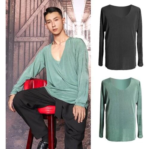 Autumn Men Long Sleeve Loose Latin Dance Tops Rumba Samba Adult Training Clothes V-Neck Tango ChaCha Performance Costume VDB4153