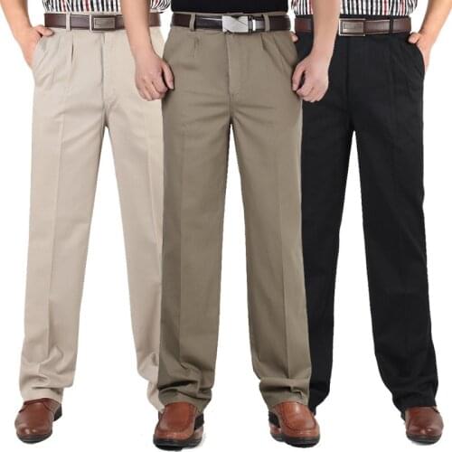 Spring and Summer Thin Mens Casual pants High waist Double Pleated cotton trousers Mens straight Casual large size trousers