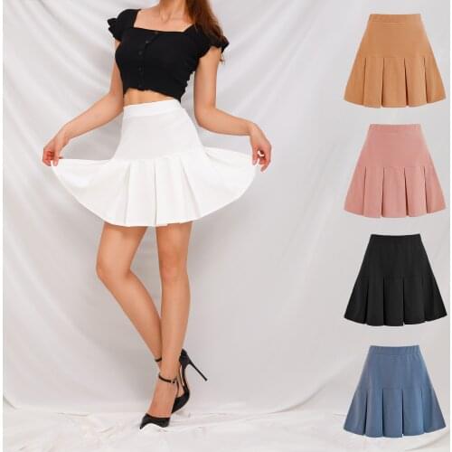 2021 new womens elastic high waist tennis skirt solid white pink black Khaki blue versatile cute academy Mini pleated skirt
