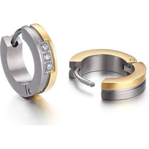 Women Unisex Anti Allergy Hoop Earrings Gold Color 100% Titanium Healthry Light Weight Ear Jewelry with 3 CZ Stone