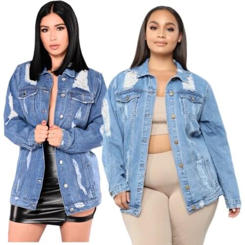 Ladies Ripped Denim Jackets Long Sleeve Turn-down Collar Straight Denim Coat Dark Blue Light Blue Single-breasted Pocket Jackets