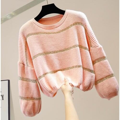 Womens Jumper Retro Lantern Sleeves Bright Silk Stitching Loose Striped Pullover Sweaters Womens All-match Loose Top Knitwear