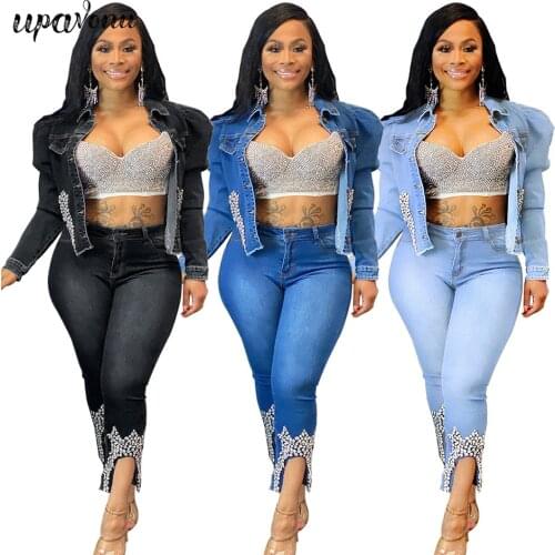 Free Shipping 2021 Elegant Womens Beaded Denim Suit Lapel Long Sleeve Single-breasted Denim Jacket & Pencil Pants Two-Piece Set