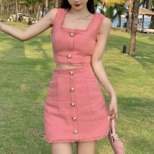 Vetement Femme 2021 High Quality Fashion Tweed Elegant 2 Piece Set Women Suit Crop Top Vest + Mini Skirt Suits Two Piece Outfits