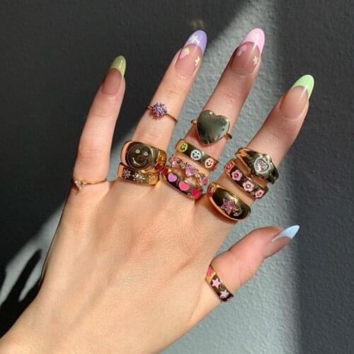 Wholesale Hip Hop Gold Plated Gothic Punk Smiley Face Wide Rings for Women Chunky tiny band finger ring Smile face Rings Jewelry